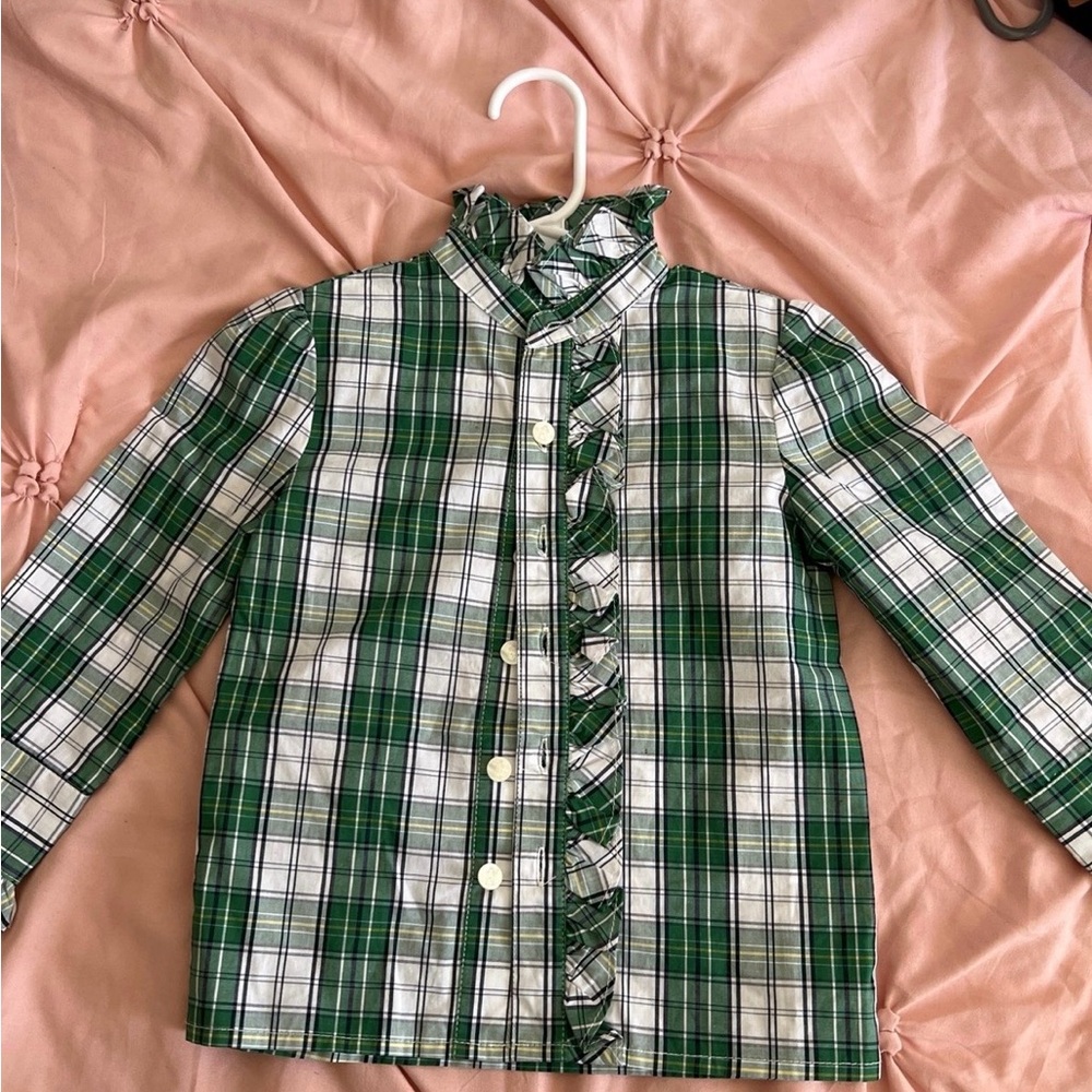Girls' Green Plaid Ruffle-Front Button Shirt